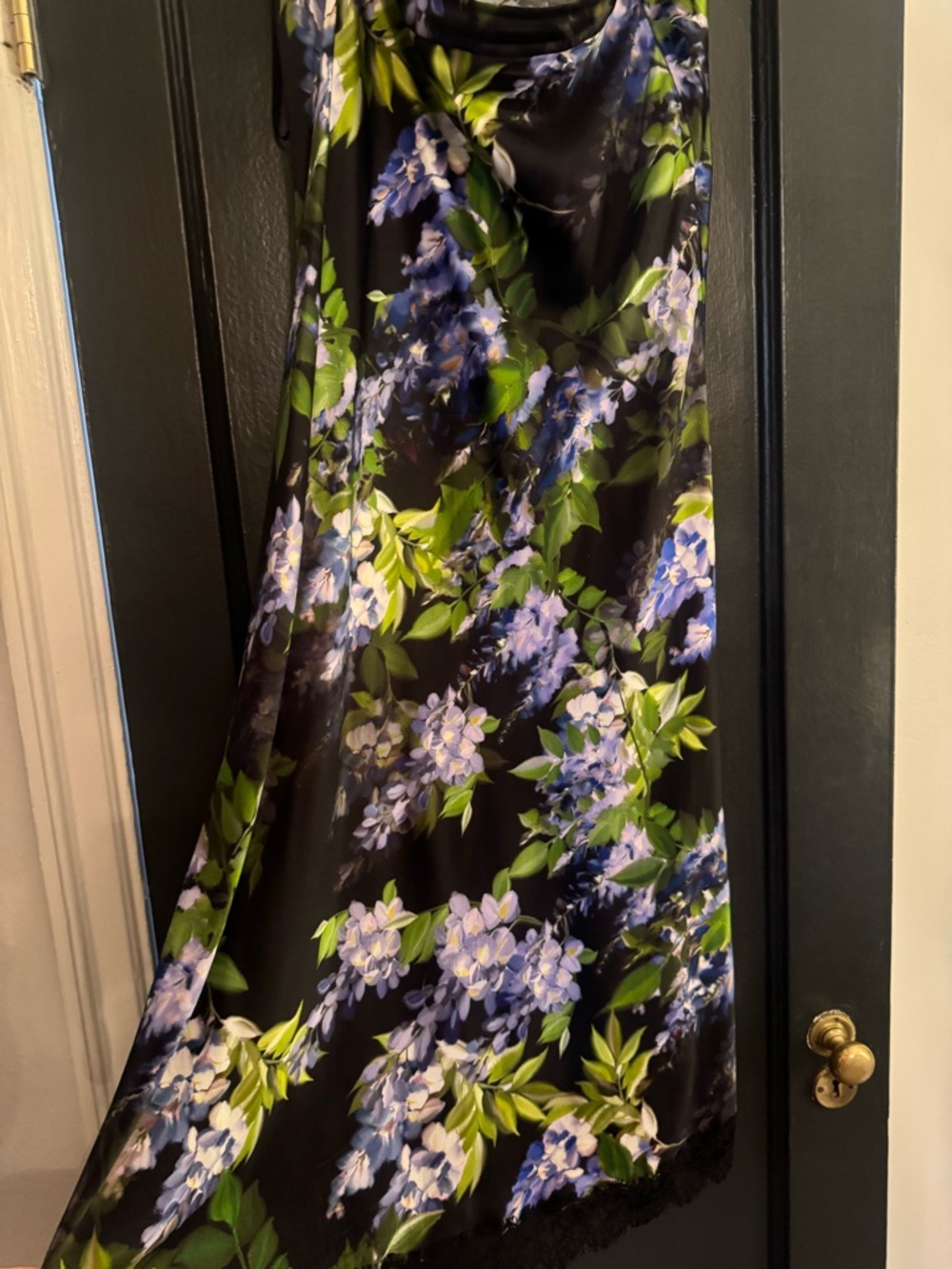 Cara Cara Black Maxi Dress with Purple Floral and Green Leaves